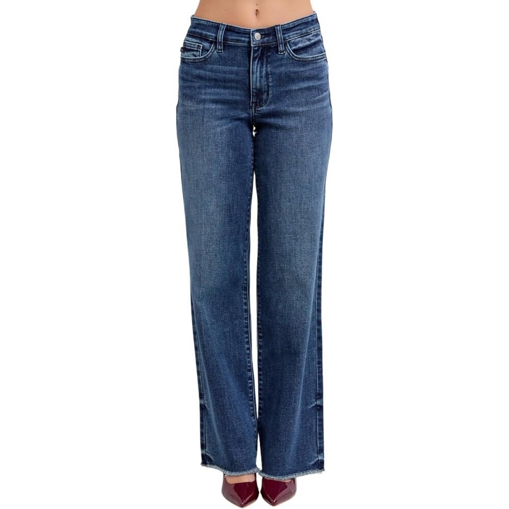 Vintage Dark Wash Wide Leg Jeans Womens Plus Size Mid Rise Stretch